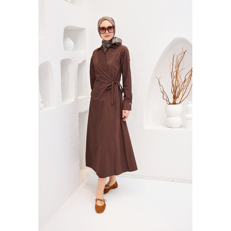 Brown Poplin Dress With Side Tie
