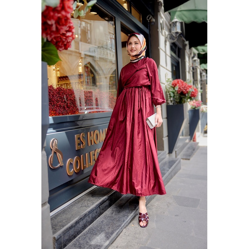 Crushed Gathered Side-Tied Dress Burgundy
