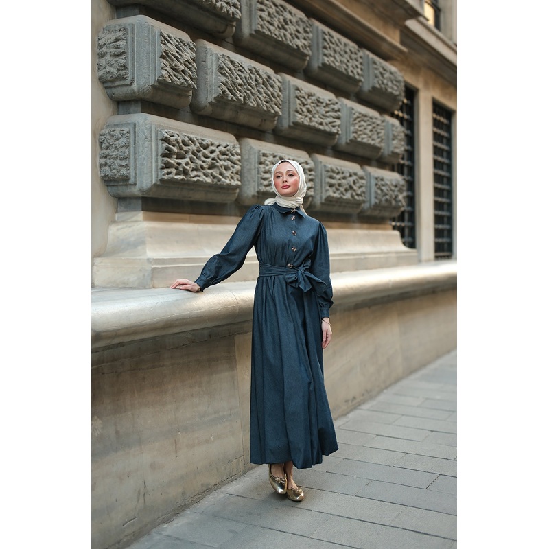 Dark Blue Denim Dress With Gold Ribbon Button Detail