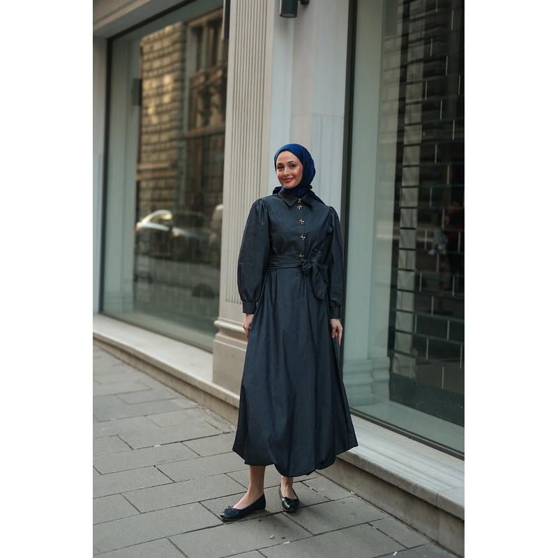 Dark Navy Denim Dress With Gold Ribbon Button Detail