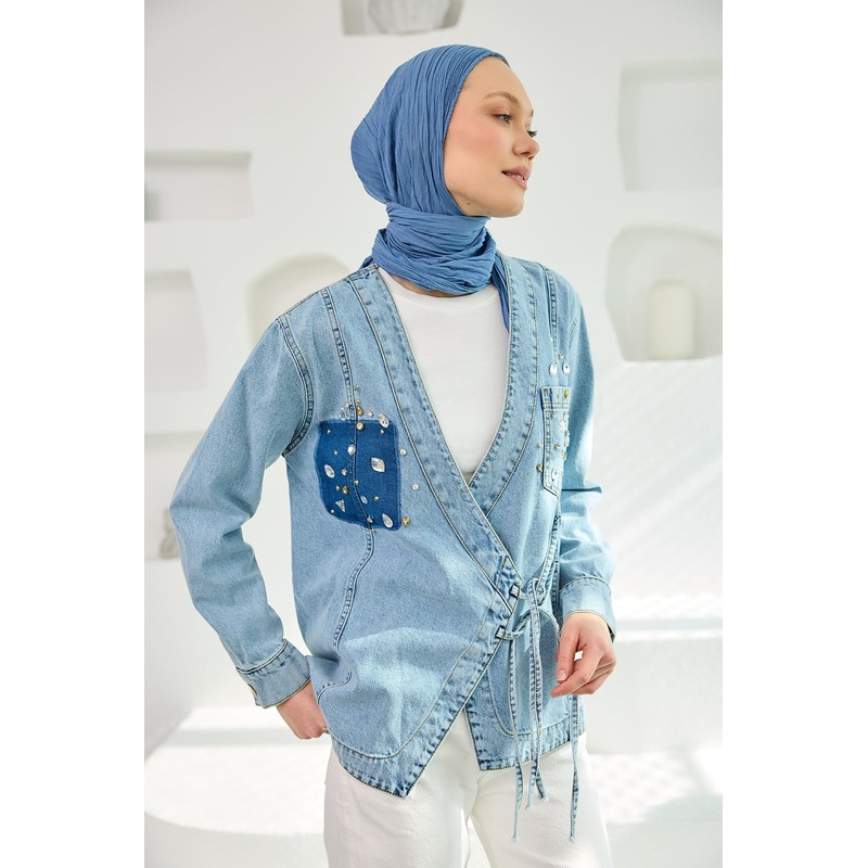 Denim Kimono With Stone Detail n Blue