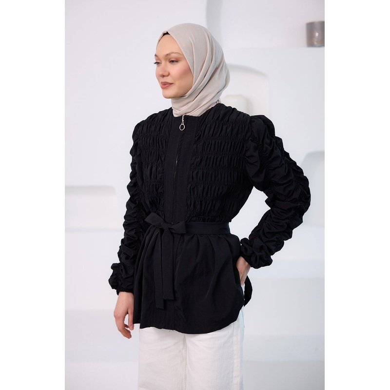 Gathered Detail Zippered Jacket Navy Blue