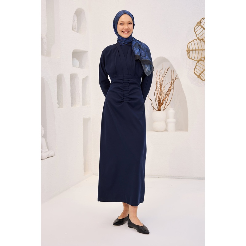Navy Blue Crepe Dress With Draped Front
