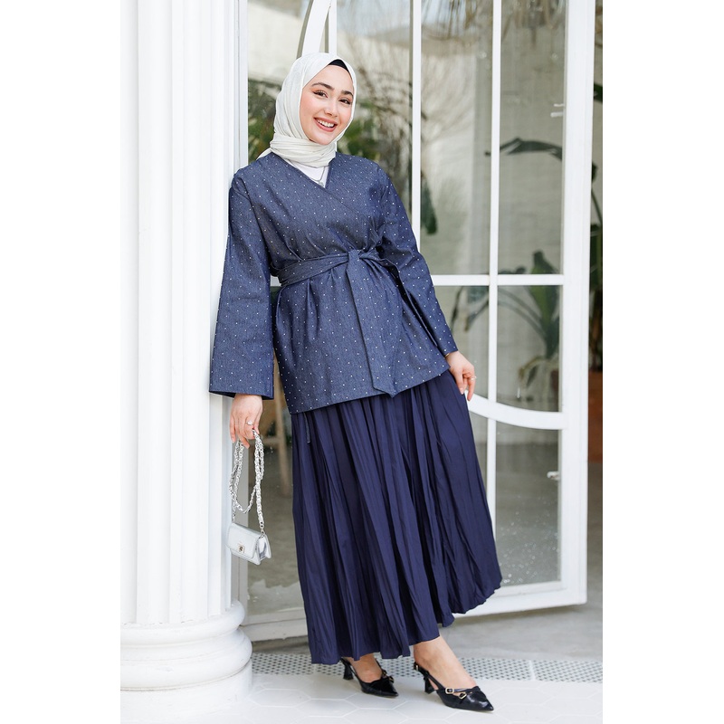 Navy Blue Denim Jacket With Stone And Side Details