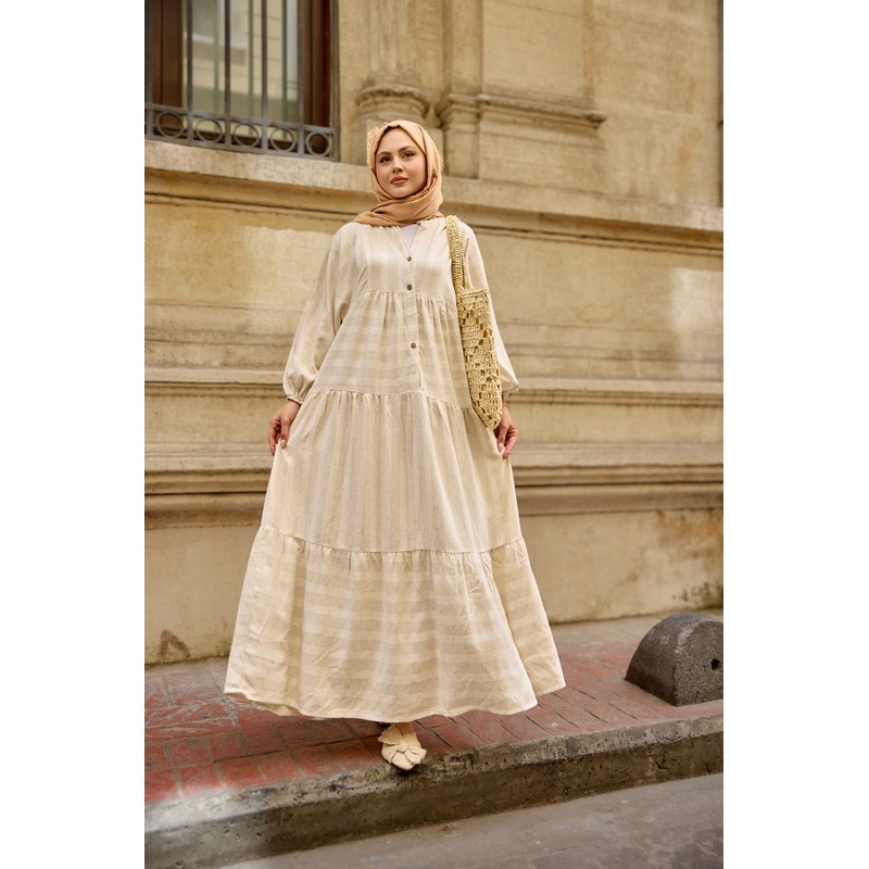 Self-Striped Patterned Dress Cream