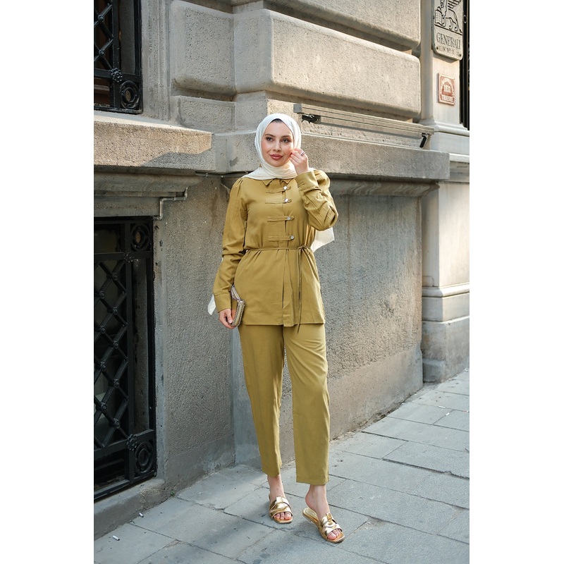 Button Detailed Suit Oil Green