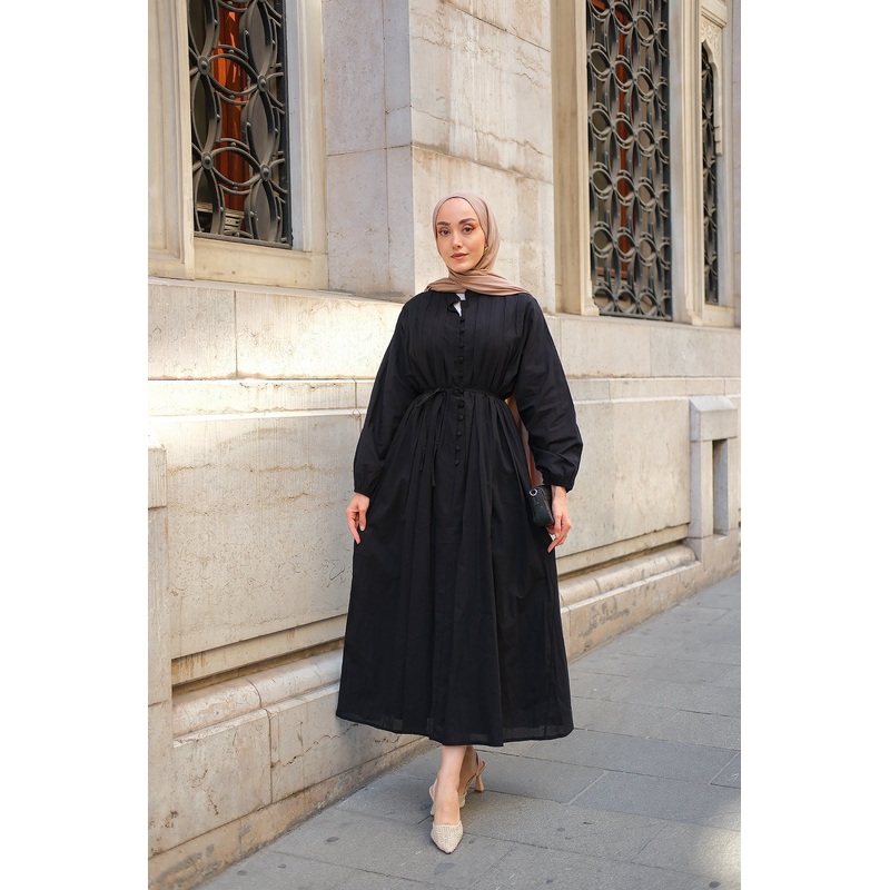 Dress With Pleated Details And Waist Tie  Black