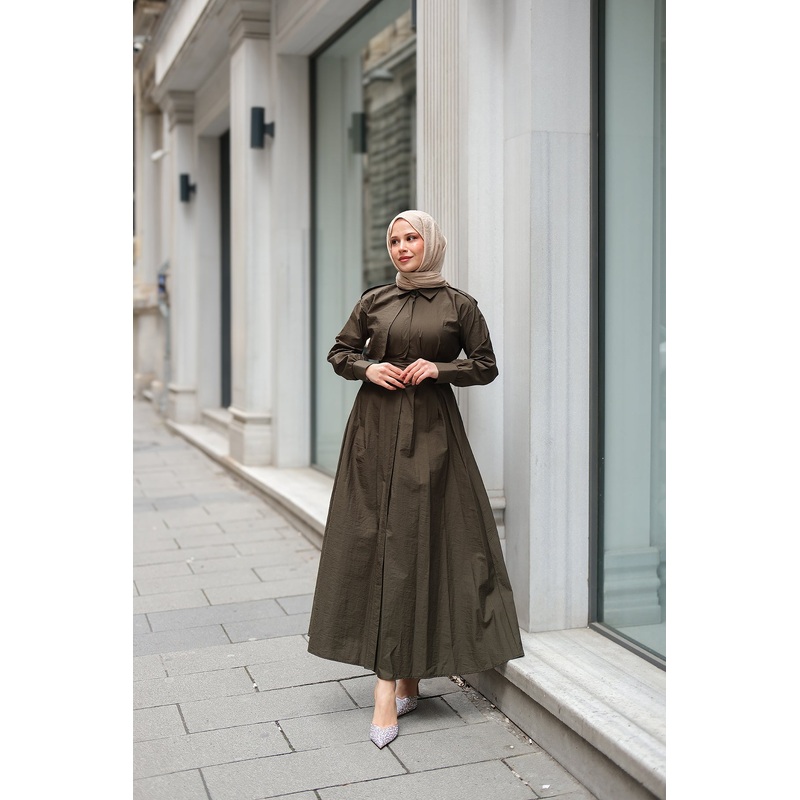 Hidden Button Epaulet Detail Dress Khaki Green