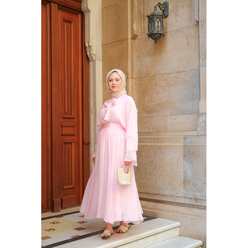 Pink Two-Piece Set With Tulle Accents And Tie Details