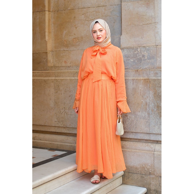 Tulle-Detail Tie-Front Two-Piece Set  Orange