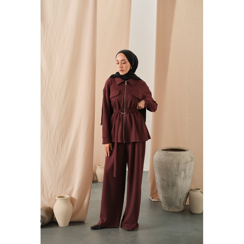 Zipper Detail Waist-Tie Two-Piece Set  Burgundy