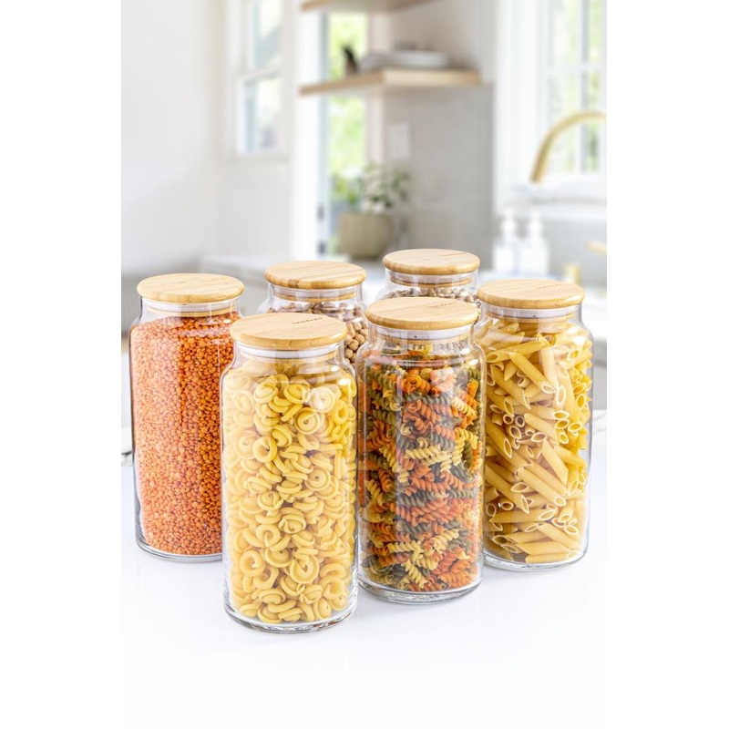 Zone - 6-Pack Glass Storage Container 1300Ml With Vacuum Bamboo Lid