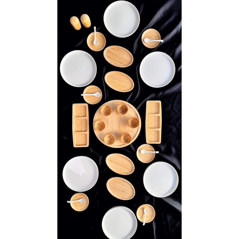 Atbyhome 6 Person 33 Piece Bamboo - Ceramic Breakfast Set - Luxury Breakfast Serving Set