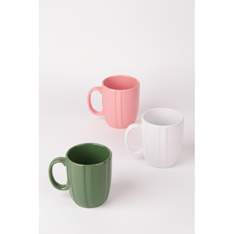 Wind Ceramic Mug Set Of 3 Pink Green White Coffee Tea Cup 300 Ml 10 Cm