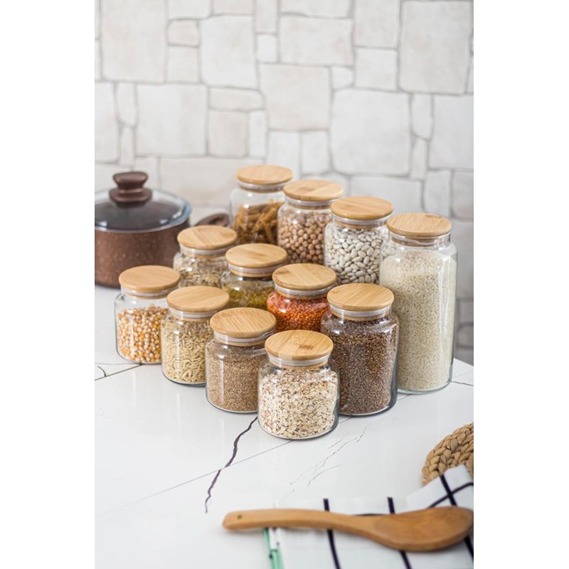 Zone - 12 Glass Storage Containers 600Ml-800Ml-1300Ml With Vacuum Bamboo Lid
