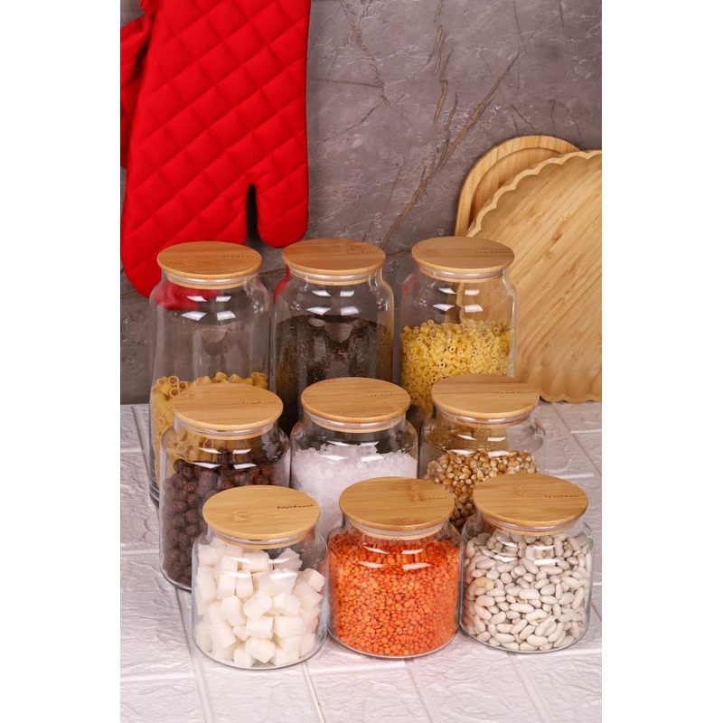 Zone - 9-Pack Glass Storage Container 600Ml-800Ml-1300Ml With Vacuum Bamboo Lid