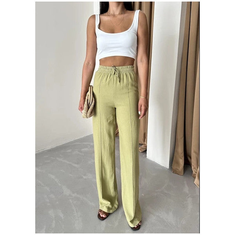 Almond Green 100% Linen Palazzo Trousers