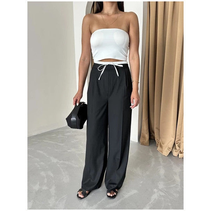 Black Waistband Detailed Side Zipper Trousers