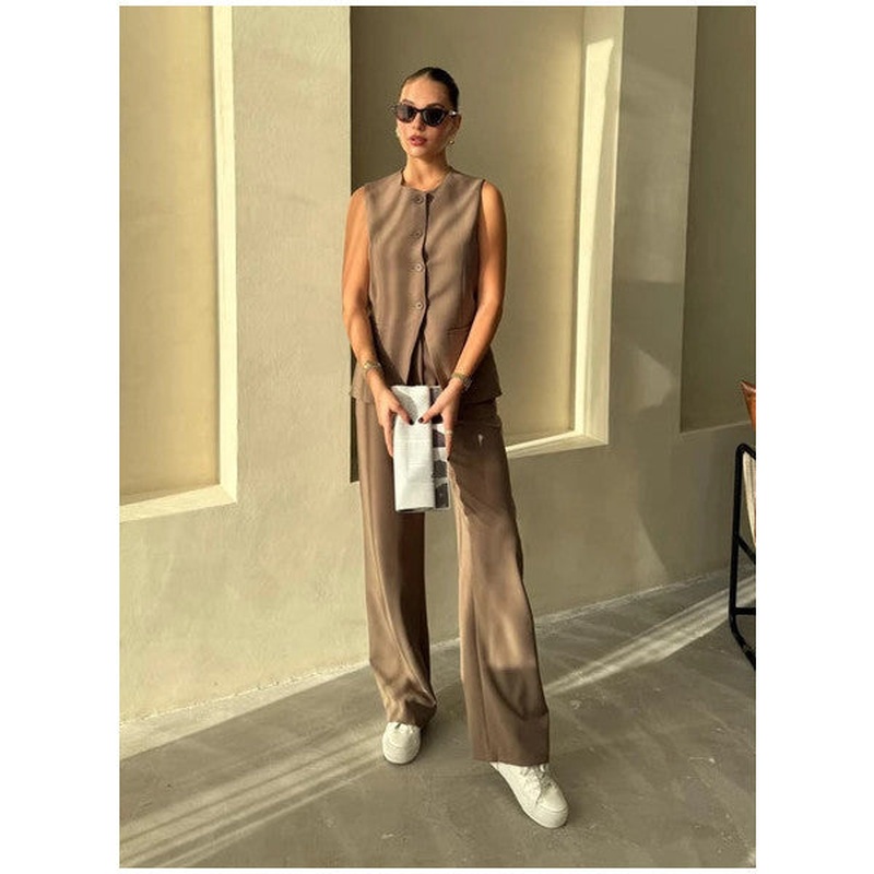 Dark Brown Camille Classic Buttoned Vest Trousers Set