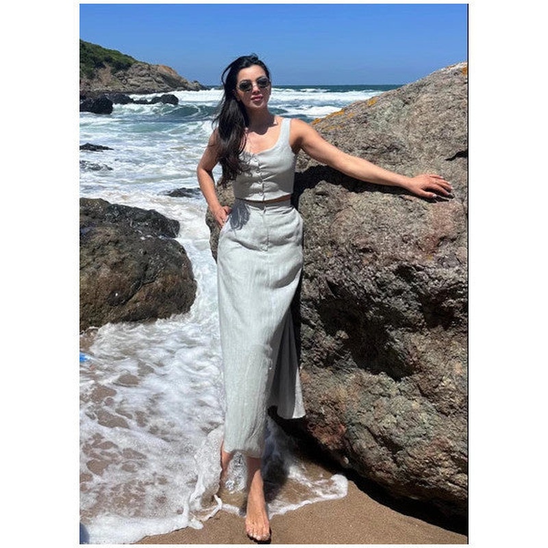 Grey 100% Cotton Buttoned Vest Skirt Linen Suit