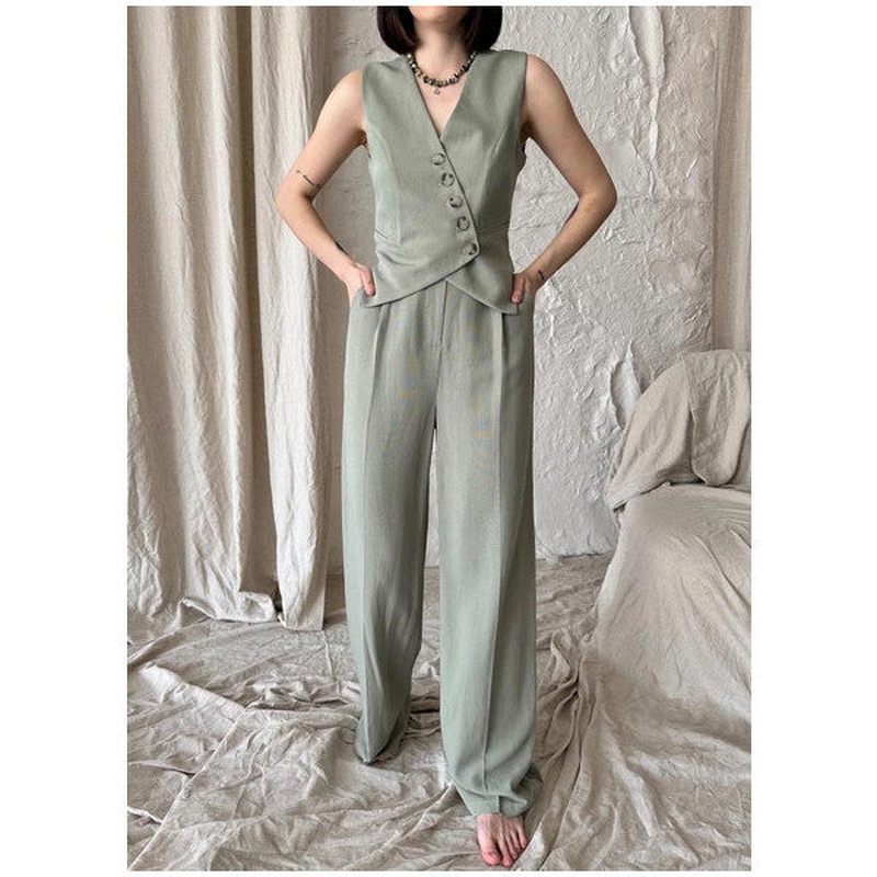 Khaki 100% Cotton Cross Button Vest Trouser Set