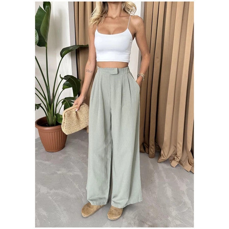 Khaki 100% Cotton Side Button Wide Leg Trousers
