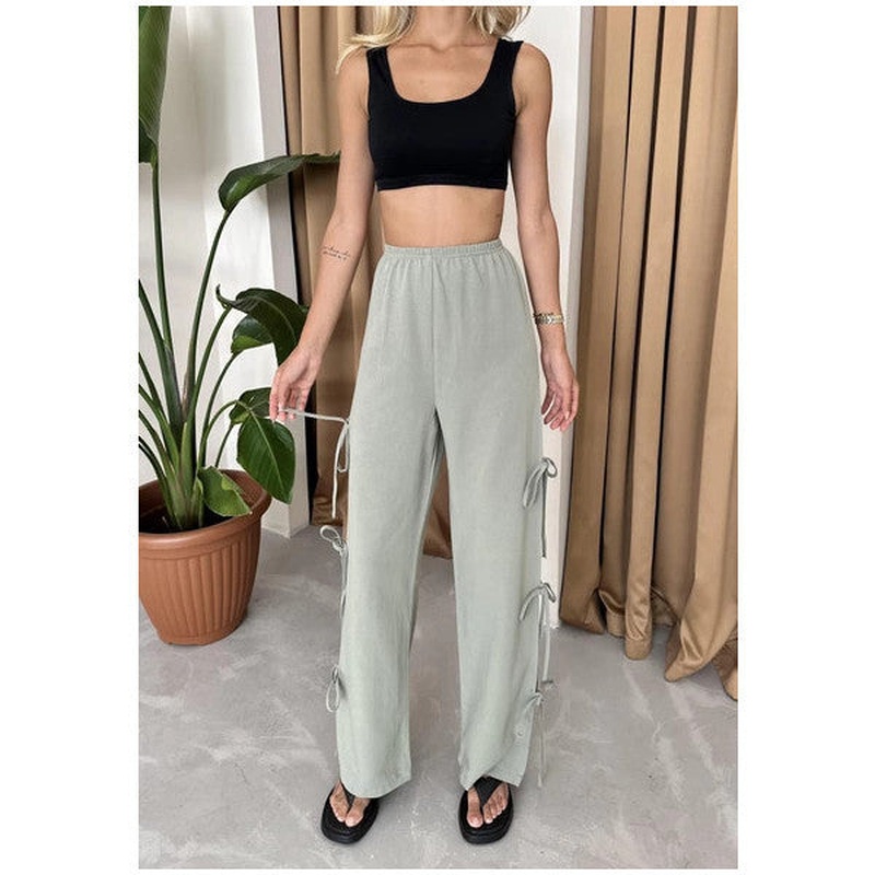 Khaki 100% Cotton Side Slit And Tie Detail Trousers