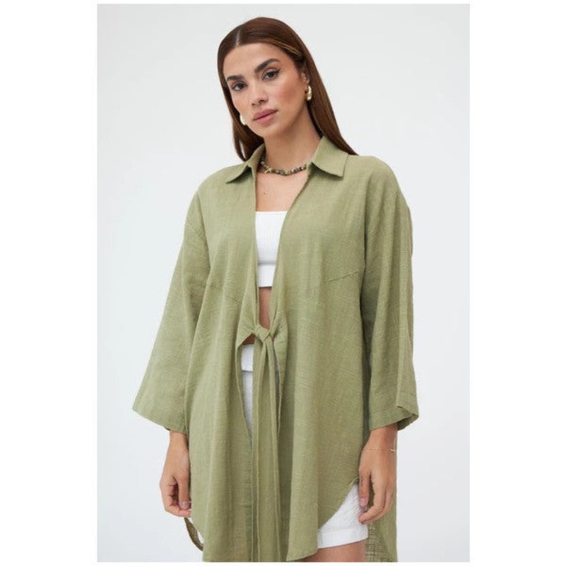 Khaki Flam Linen Kimono Shirt