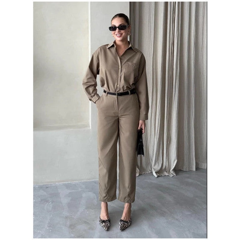 Khaki Merlin Belted Shirt Trouser Set