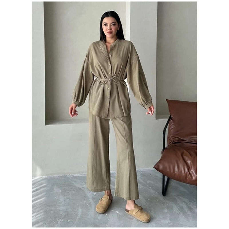 Khaki Vanessa Waist-Tied Balloon Sleeve Set