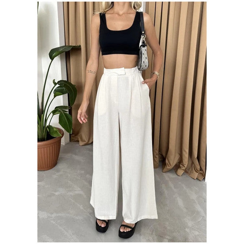 Natural 100% Cotton Side Button Wide Leg Trousers