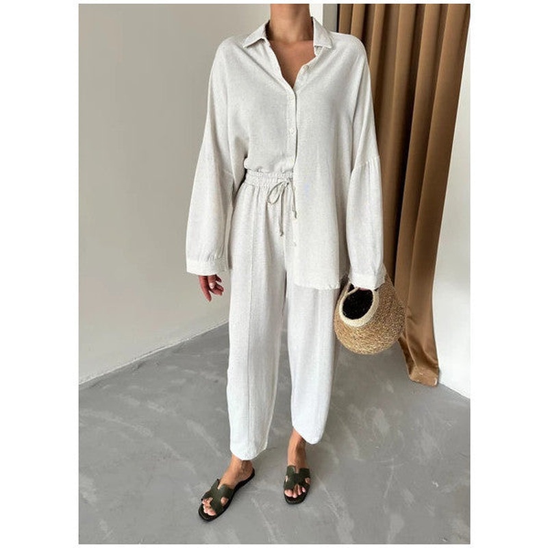 Natural Linen Shirt Shalwar Trousers Bottom Top Set