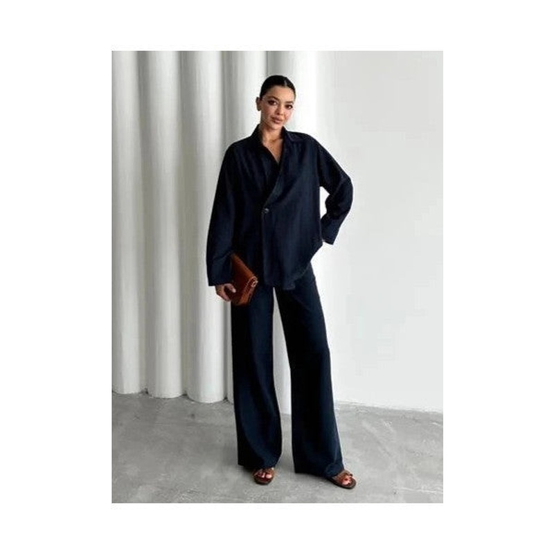 Navy Blue 100% Cotton Double Breasted Single Button Kimono Trouser Set