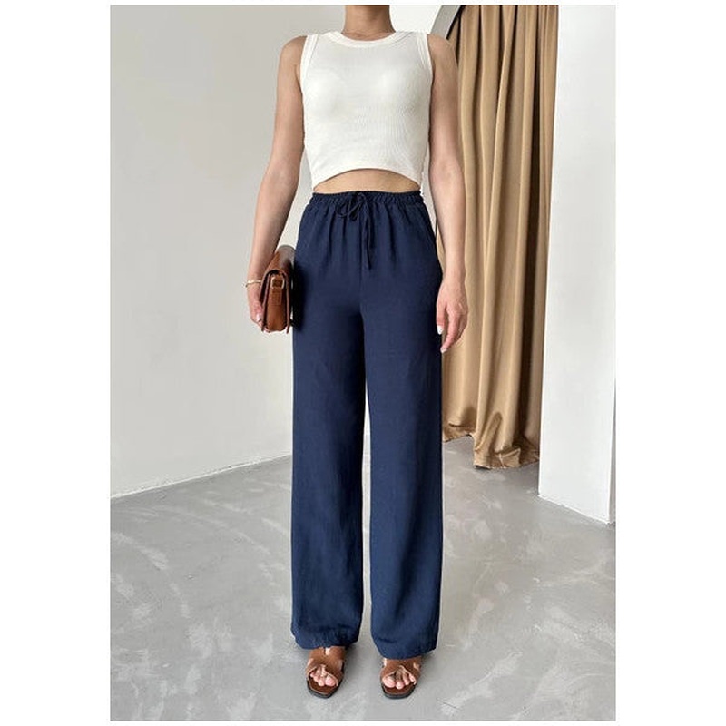 Navy Blue Elastic Waist Cotton Linen Trousers