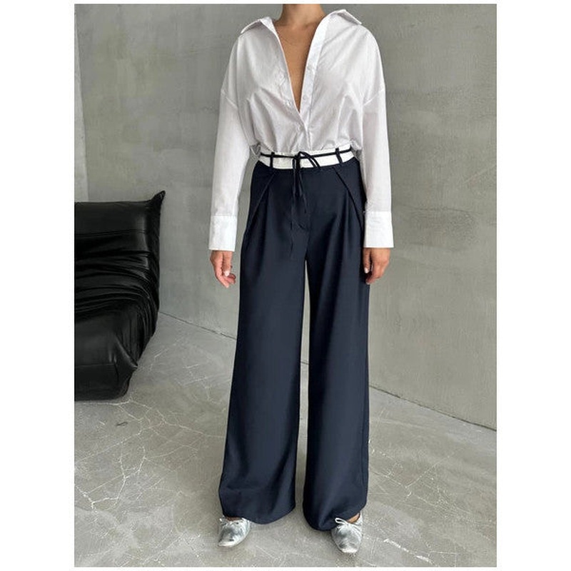 Navy Blue Rope Belted Designer Trousers