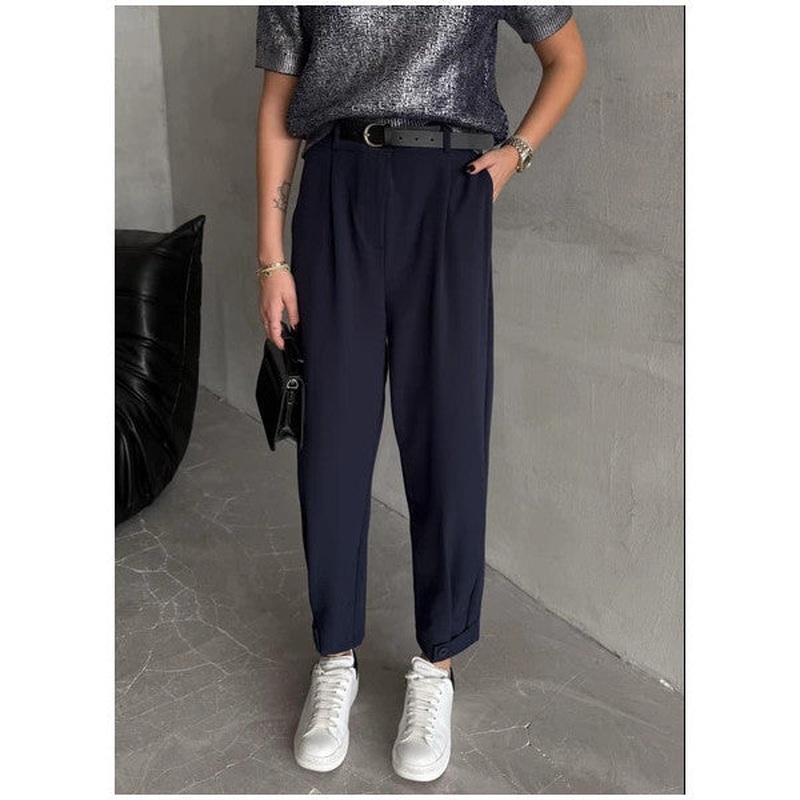 Navy Blue Ruby Leg Buttoned Trousers