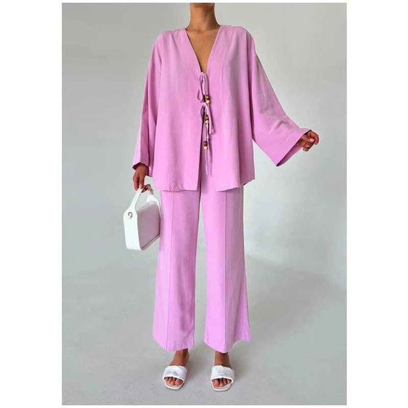 Pink Beaded Kimono Linen Set