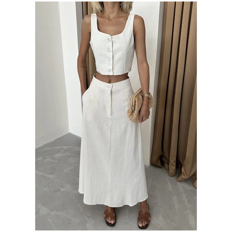 Stone 100% Cotton Buttoned Vest Skirt Linen Suit