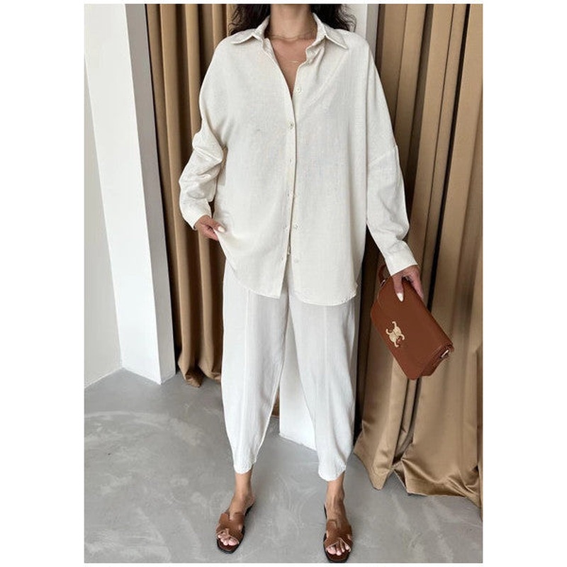 Stone Linen Shirt Shalwar Trousers Bottom-Top Set