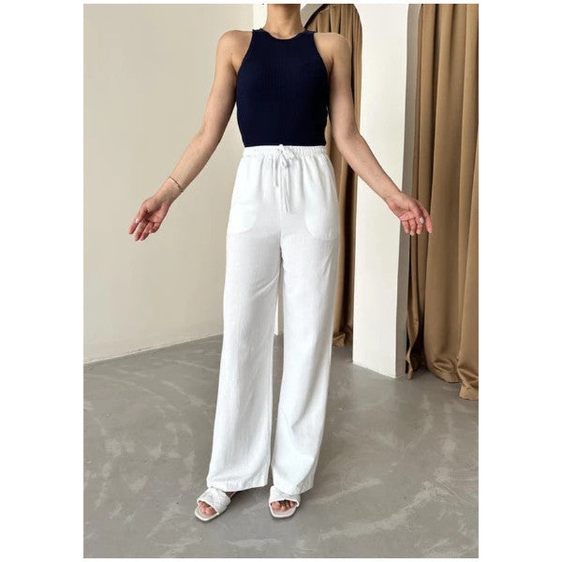 White Elastic Waist Cotton Linen Trousers