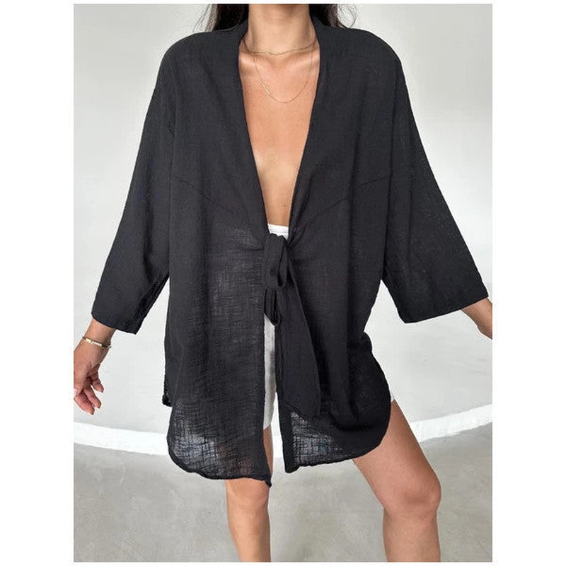 Black Flam Linen Kimono Shirt