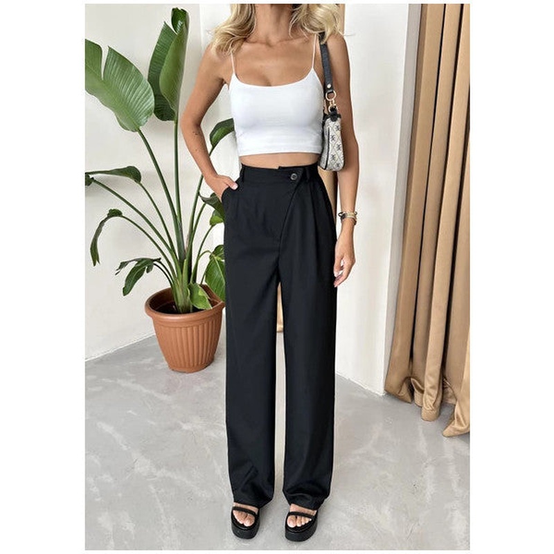 Black Front Cross Button Detailed Fabric Trousers