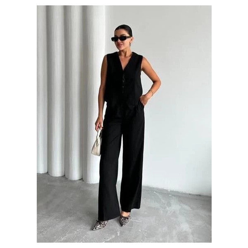 Black Miranda Fabric Vest Trouser Set