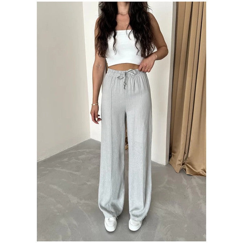Grey 100% Linen Palazzo Trousers
