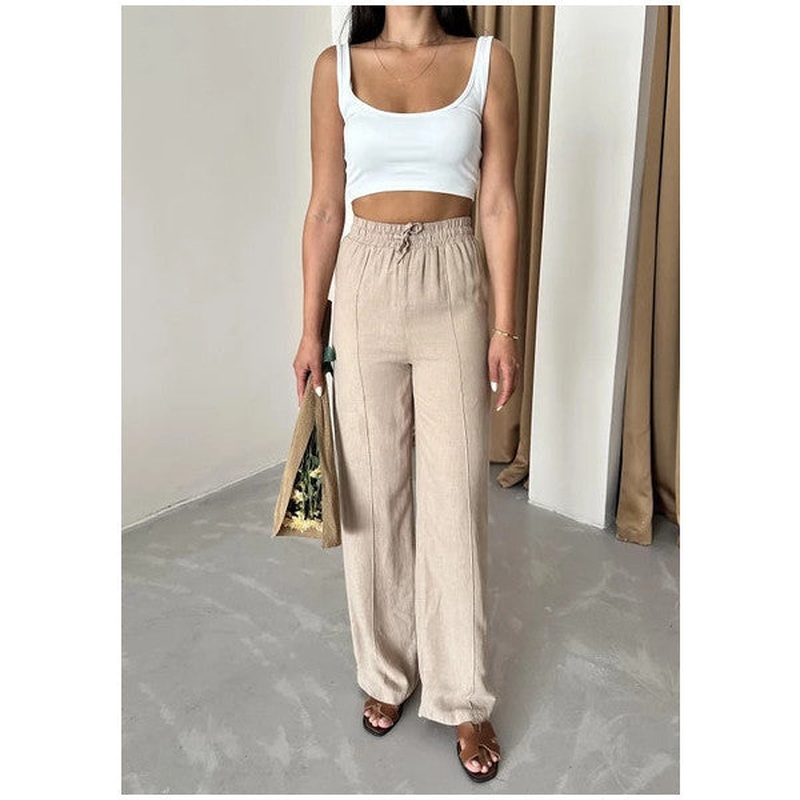 Mink 100% Linen Palazzo Trousers