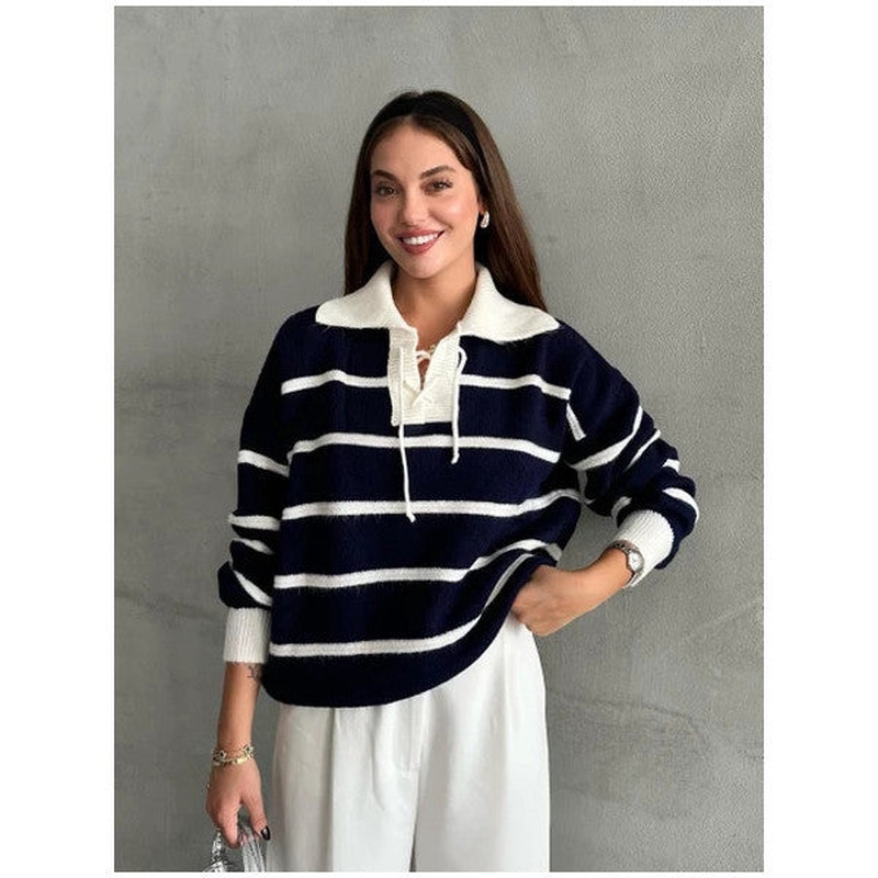 Navy Blue Mike Polo Neck Ecru Striped Front Lace-Up Knitwear Sweater