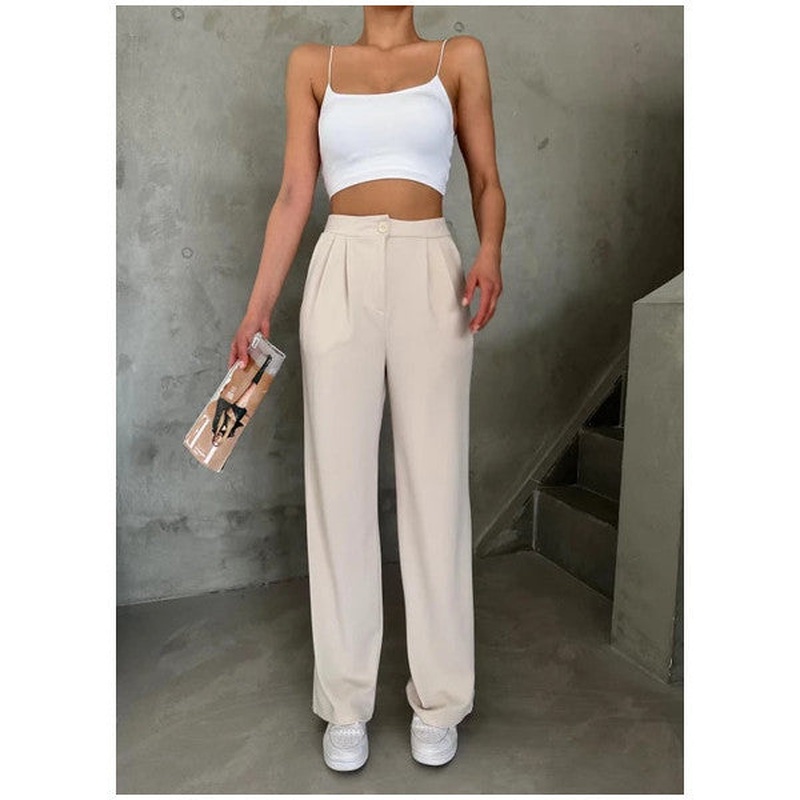Stone Button Pleated Detailed Palazzo Trousers