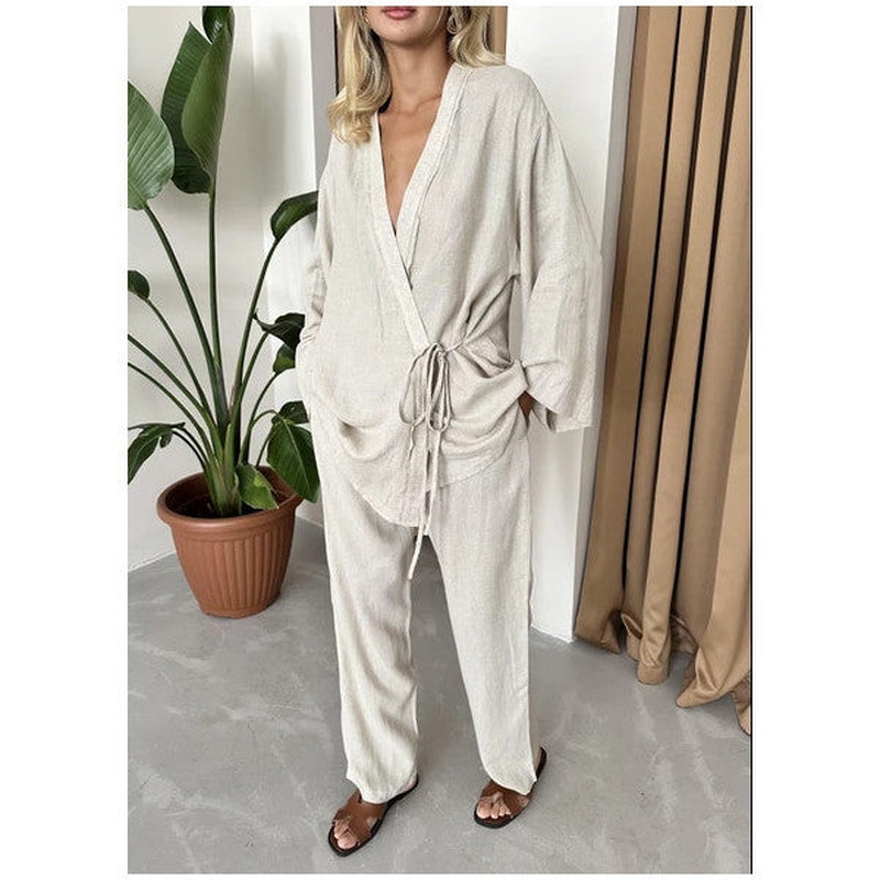 Stone Detailed Side Tie Linen Fabric Set