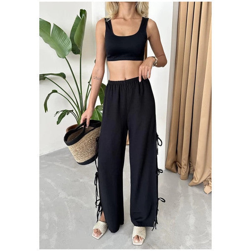 Black 100% Cotton Side Slit And Tie Detail Trousers