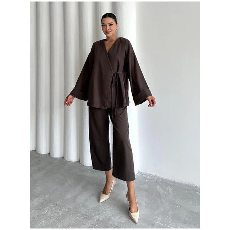 Brown Lisa Side Tie Trouser Suit